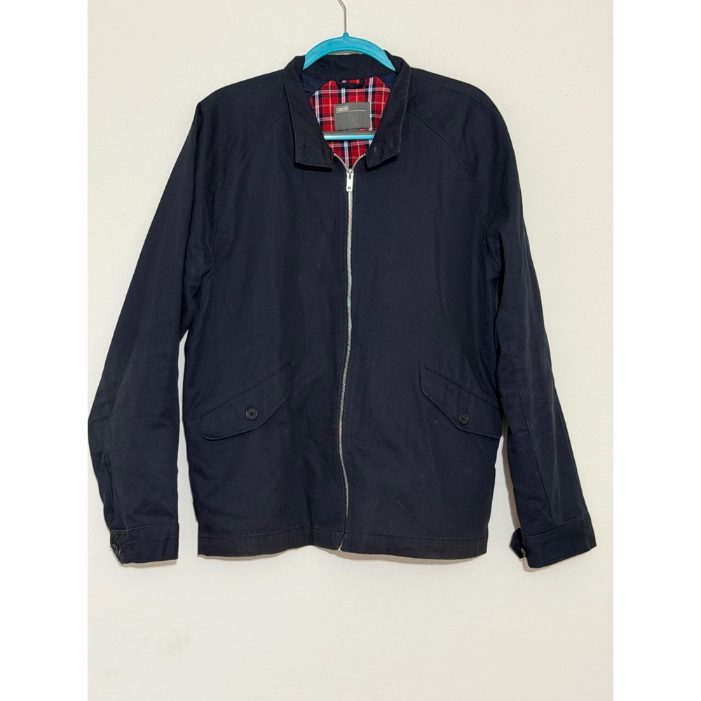 ASOS Mens Harrington Jacket Navy Blue Red Plaid Lining Cotton Twill Size L
